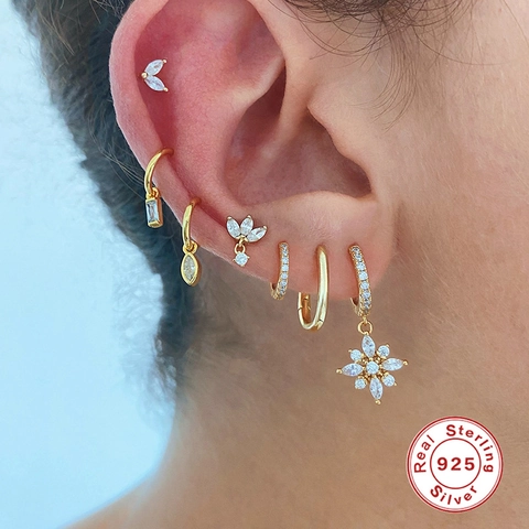 925 Sterling Silver Snowflake Flower Hoop Earrings With Sparkling Zircon Elegant Jewelry For Women Office Daily Wear