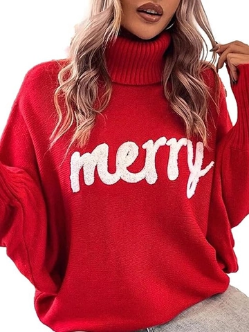 Pull À Col Roulé De Noël Pour Femmes Broderie Lettres Merry Tricoté Coupe Ample Manches Chauve-souris Haut D'Hiver