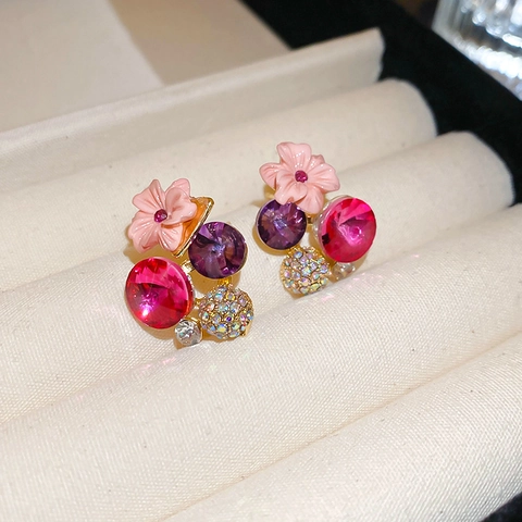Blumen Ohrstecker Mit Silberohrstecker Legierung Harz Strass Vintage Kontrastfarbe Süßer Schmuck Für Damen