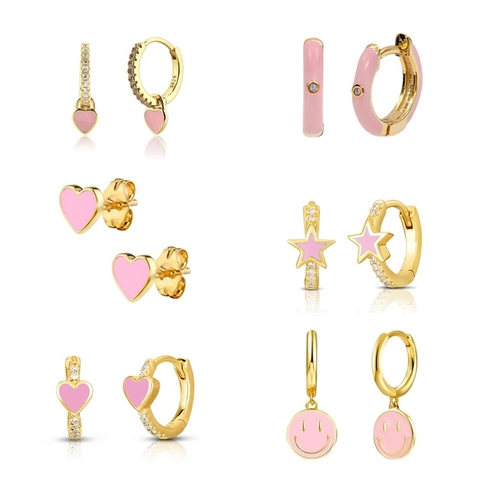 Copper Gold Plated Pink Enamel Hoop Earrings With 925 Sterling Silver Earring Post Heart Star Zircon Jewelry For Women