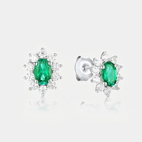 Orecchini a Bottone in Argento Sterling 925 con Smeraldo e Rubino Creati in Laboratorio con Halo di Zirconia Gioielli Donna