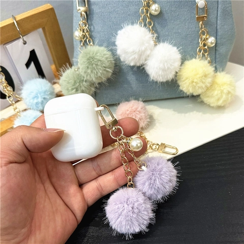 Cute Soft Plush Pom Pom Keychain With Artificial Pearl Sweet Candy Color Bag Charm For Women Girls Kawaii Keychain Accessory