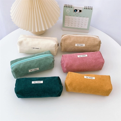 Corduroy Pencil Case Large Capacity Stationery Pouch Minimalist Zipper Bag Solid Color Leopard Print Aesthetic Storage