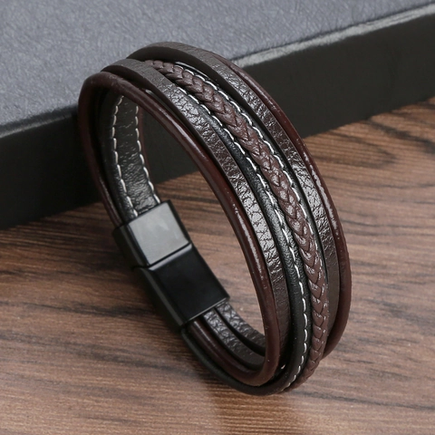 Pulsera De Cuero Multicapa Para Hombre Con Cierre Magnético De Acero Inoxidable Joyería Trenzada Hecha A Mano