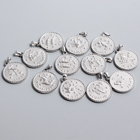 Stainless Steel Twelve Constellations Coin Pendant For DIY Jewelry Making Relief Zodiac Sign Pendant Only Without Chain