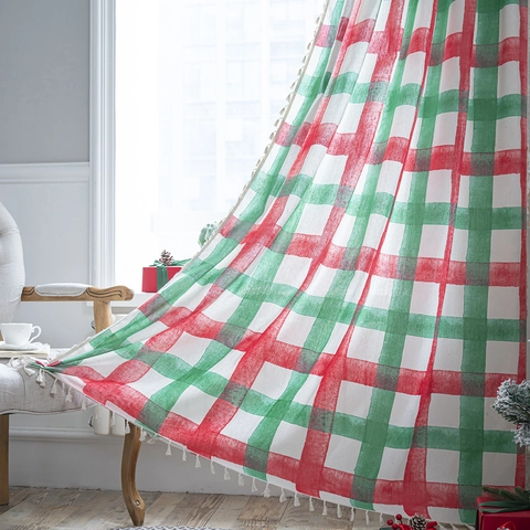 Rideau De Noël Coton Lin Semi Occultant Cloison Franges Pompons Plaid Flocon De Neige Motif Fête Maison