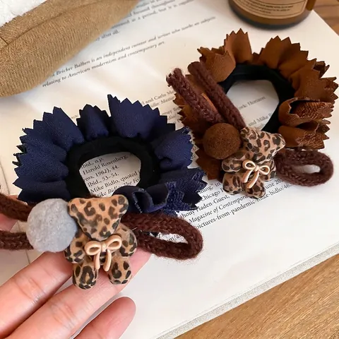 Elastici Orso Leopardo Tessuto Floccato Pieghettato Con Pallina Peluche Fiocco Maglia Donne Accessori Capelli Retro