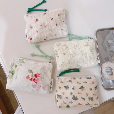 Floral Cotton Coin Purse Small Zipper Storage Bag For Earphones Lipstick Card Holder Sweet Pastoral Style Lace Pouch