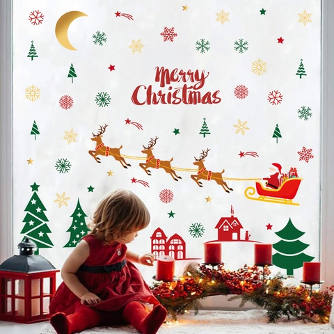 Christmas Wall Stickers PVC Self Adhesive Santa Claus Reindeer Christmas Tree Decals For Home Window Party Holiday Decor