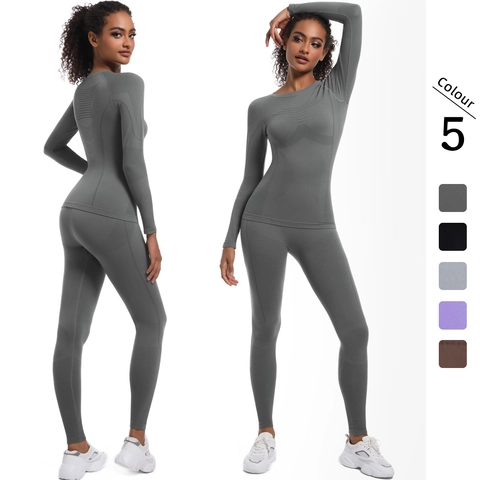 Dames Naadloze Yoga Pakken Hoge Taille Lange Mouwen Top En Leggings Ademende Workout Fitness Nylon Spandex
