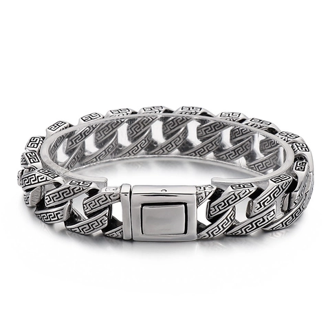 Men 316L Stainless Steel Cuban Chain Bracelet Vintage Distressed Greek Key Meander Pattern Retro Jewelry