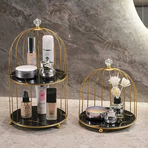 Metal Birdcage Makeup Organizer Rack Desktop Perfume Storage Stand Light Luxury Marble Texture Tiered Display Shelf