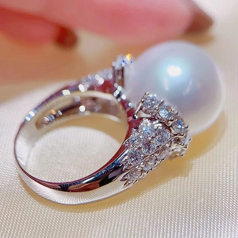 Large Round White Artificial Pearl Ring Luxury Copper Zircon Pave Engagement Wedding Vintage Baroque Statement Jewelry For Women