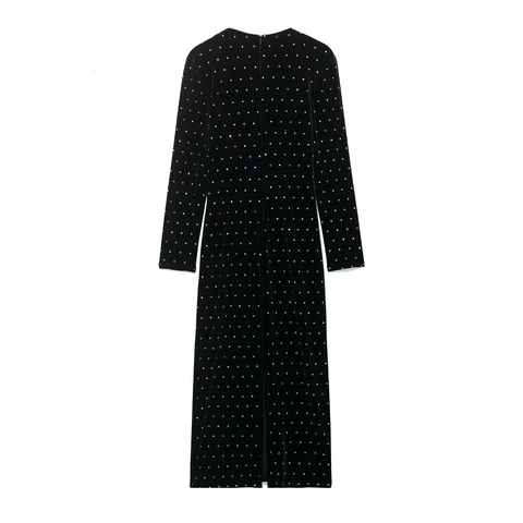 Fluwelen Midi Jurk V Hals Lange Mouwen Strass Kralen Elegant Feest Avond Voor Dames Zwart