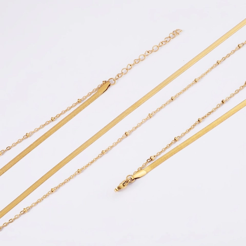 Double Layer Necklace 18K Gold Plated 304 Stainless Steel Flat Snake Bone And Satellite Bead Chain Jewelry For Women