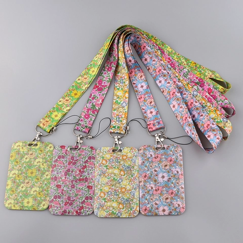 Floral Lanyard With ID Card Holder Polyester Neck Strap For Keys Phone Office Badge Aesthetic Flower Pattern For Women