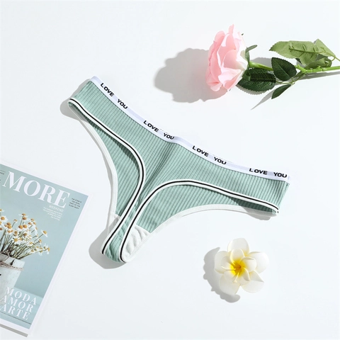 String Femme En Coton Spandex Côtelé G-String Sous-Vêtements Love You Lettre Imprimée Taille Élastique Taille Basse