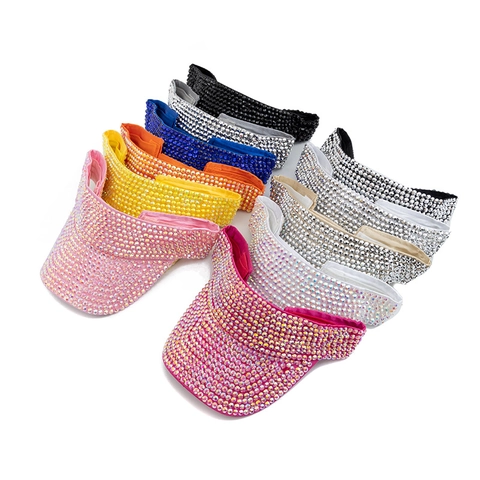 Rhinestone Sun Visor Hat Full Crystal Polyester Empty Top Summer Outdoor Beach Adjustable Fashionable For Women