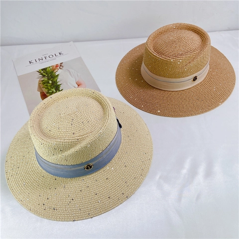 Women Straw Boater Hat Wide Brim Sun Protection Sequin Ribbon Metal Buckle Beach Vacation Summer Adjustable