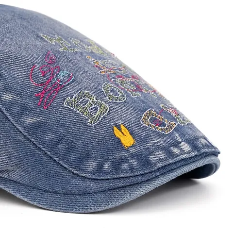 Vintage Washed Denim Flat Cap For Women And Men With Letter Embroidery Adjustable Buckle Sun Protection Retro Forward Cap