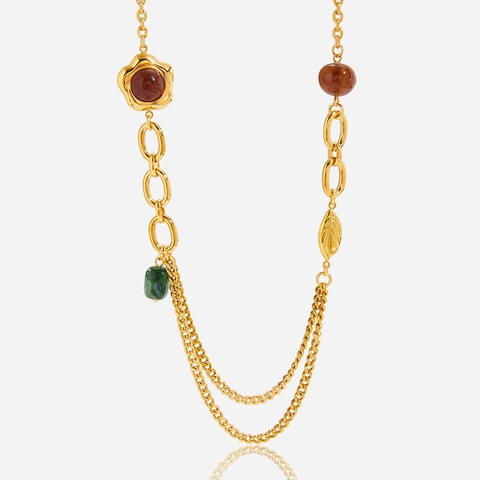 Collier Pendentif Fleur en Résine et Acier Inoxydable Vintage pour Femmes Rétro Bohème Perle Artificielle Design à Couches Bijoux