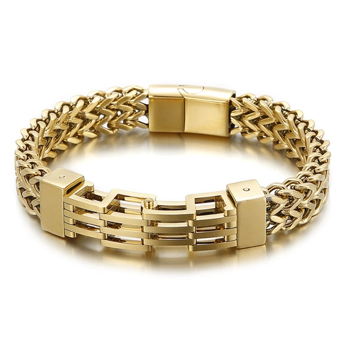 Men Stainless Steel Bracelet Double Row Woven Chain Magnetic Buckle Geometric Fashion Commute Jewelry Durable Gift
