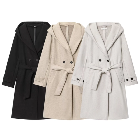 Women Long Hooded Woolen Coat Double Breasted Belted Warm Winter Outerwear Solid Color Elegant Casual Jacket