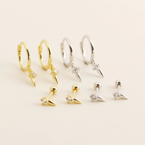 925 Sterlingsilber Spitze Niete Ohrstecker Hoop Ohrringe Für Damen Weißgold Strass Geometrische Punk Schraubverschluss Schmuck