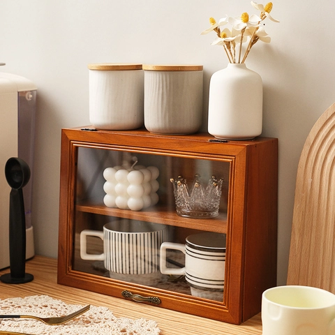 Retro Solid Wood Desktop Storage Cabinet With Glass Flip Top Door Organizer For Cups Cosmetics Figures Vintage Decor