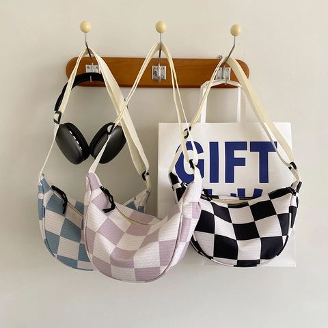 Bolso Bandolera De Media Luna De Punto De Tablero De Ajedrez Para Mujer Nylon Bolso De Hombro Correa Ajustable Casual Moderno
