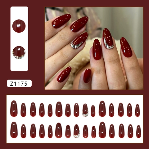 Uñas Postizas Almendradas Rojo Vino Brillante Con Pedrería Y Perlas Artificiales Para Mujer Uñas Artificiales Elegantes Vintage
