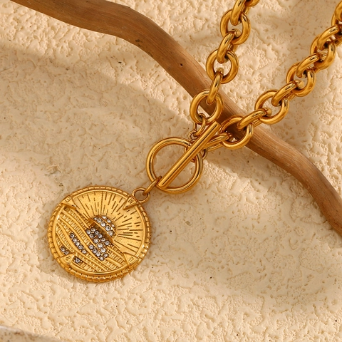 Runde Münze Anhänger Halskette Edelstahl 18K Vergoldet Strass Sonnenstrahl Kompass OT Verschluss Dicke Gliederkette Für Damen