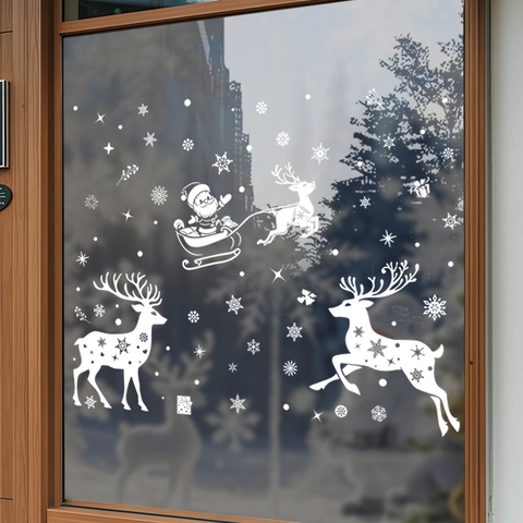 Christmas Window Static Stickers White PVC UV Reindeer Santa Snowflake Glass Decals Glue-Free Holiday Party Decor