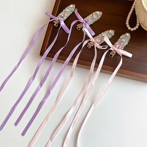 Schleife Haarspange Strass Glasperle Lange Bänder Entenschnabelclip Süßer Eleganter Kopfschmuck Für Damen