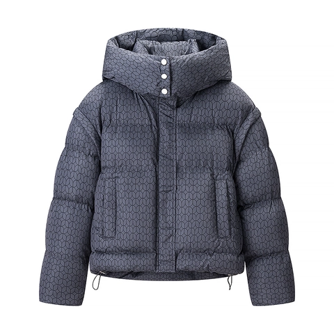 Women Hooded Puffer Jacket Geometric Pattern Short Bread Coat Printed Polyester Outerwear With Drawstring Hem And Pockets