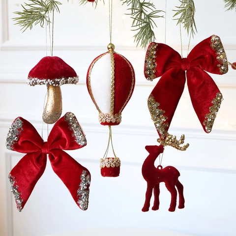 Weihnachtsanhänger Burgund Samt Beflockung Pailletten Bogen Pilz Ballon Hirsch Ball Feiertag Baum Deko Elegant