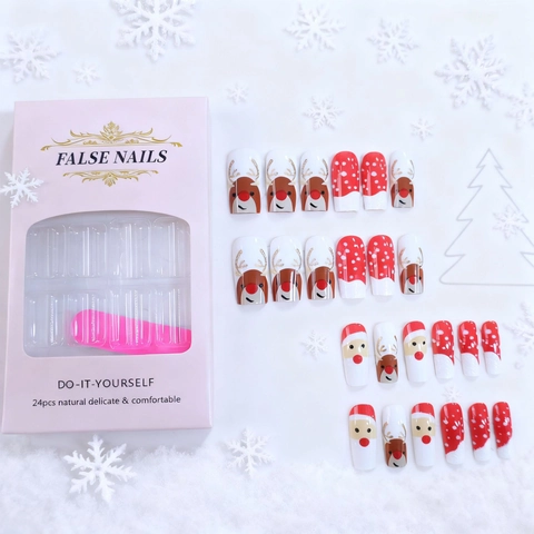 Christmas Press On Nails Santa Claus Reindeer Pattern Red White Glitter Mid Length Square ABS Plastic For Women