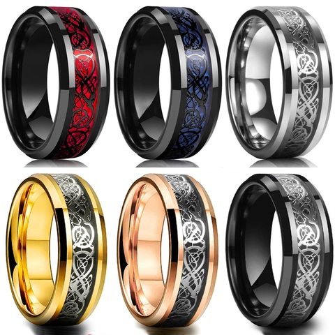 Men Celtic Dragon Ring Tungsten Carbide Stainless Steel Beveled Edge Carbon Fiber Inlay Comfort Fit Band Jewelry