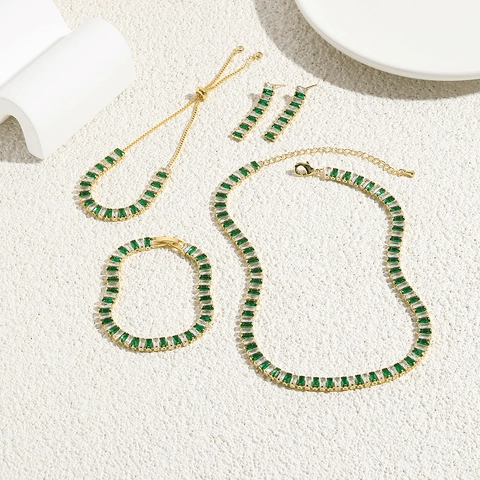 Emerald Green White Rectangular Cubic Zirconia Necklace Bracelet Earrings Ring Jewelry For Women Gold Plated Brass Elegant Wedding Banquet Accessory