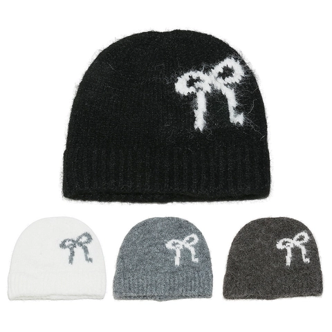 Bonnet Tricoté Pour Femmes Acrylique Nœud Jacquard Hiver Chaud Doux Couvre-chef Style Ins Doux