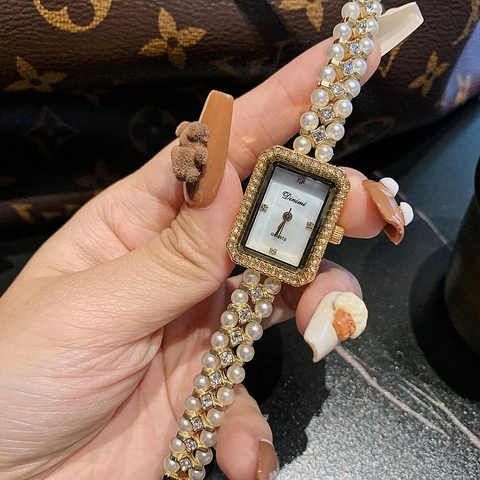 Reloj De Cuarzo Para Mujer Caja Cuadrada Pulsera De Perlas Artificiales Diamantes De Imitación Elegante Moda Joyería Estilo Dama