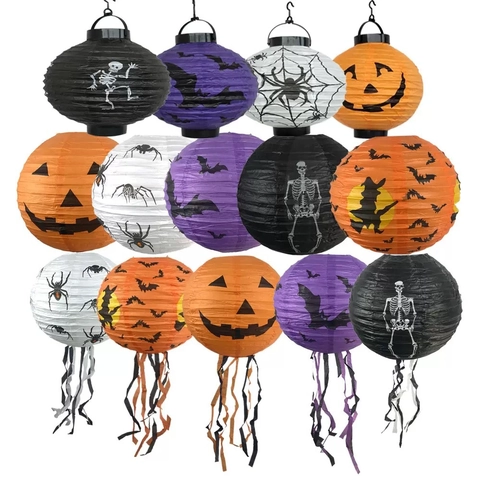 Halloween Paper Lanterns Foldable Hanging Decorations Pumpkin Bat Skeleton Witch Patterns For Party Atmosphere With Tassels