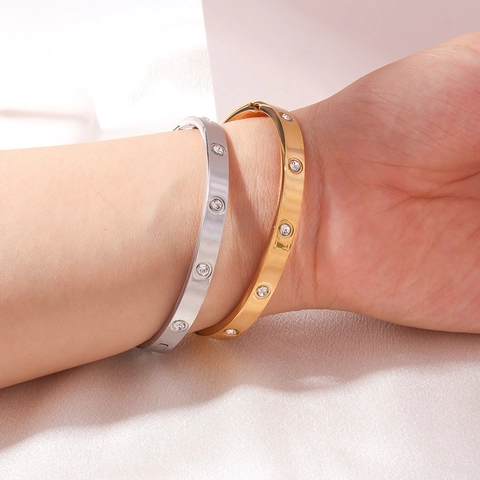 Bracciale Rigido in Acciaio Inossidabile Con Strass Per Donna Uomo Geometrico Con Fibbia a Diamante Bracciale Gioielli Regalo Festa
