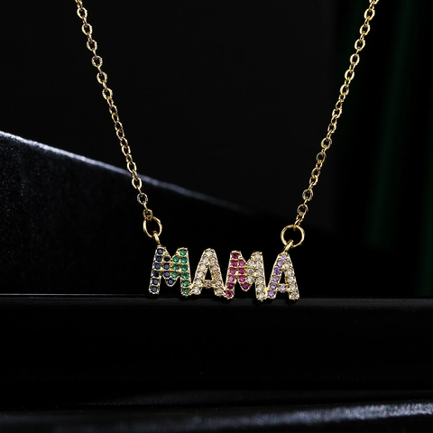 Mama Pendant Necklace 18K Gold Plated Copper Colorful Cubic Zirconia Letter Jewelry Mothers Day Gift For Women