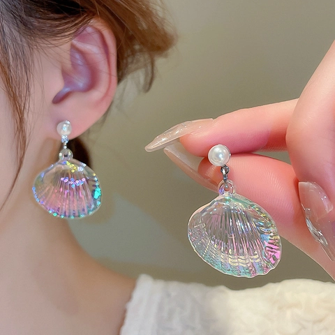 Iridescent Shell Dangle Earrings With Imitation Artificial Pearl And Silver Earring Post Sweet Ocean Style For Women