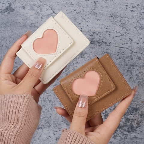 Damen Mini Portemonnaie PU Leder Herz Ausschnitt Kartenhalter Kompakt Druckknopf Tragbare Geldbörse Mode Accessoire