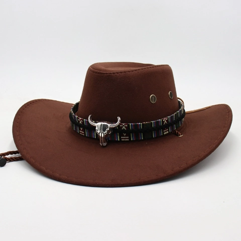 Chapeau De Cow-Boy Western Vintage En Feutre Laine Avec Décor Tête De Taureau En Métal Et Corde Coupe-Vent Pour Hommes Femmes