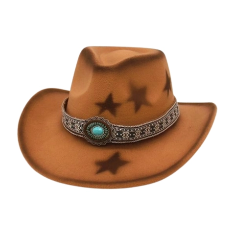 Western Cowboy Hat Felt Star Pattern With Turquoise Ethnic Braided Band Wide Brim Retro Style