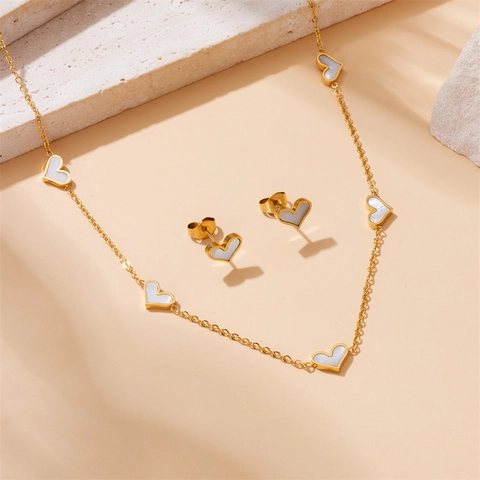 Parure Bijoux Coeur Acier Inoxydable Collier Bracelet Boucles Oreilles Plaqué Or Incrustation Coquillage Blanc Femme
