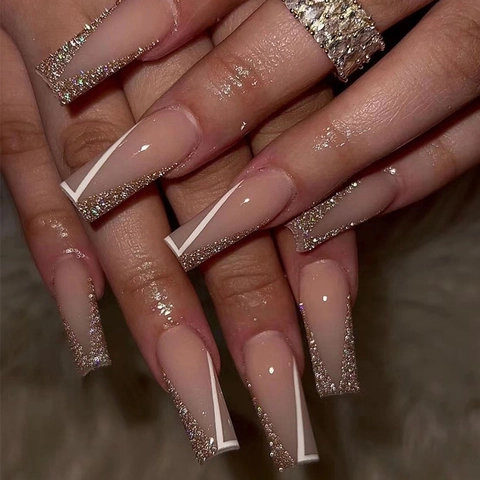 Uñas Postizas Francesas Rosa Nude Coffin Largo Brillo Dorado Línea Geométrica Blanca Manicura Artificial Para Mujeres